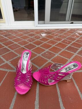 Bright Pink Open-Toe Embellished Mule by R. Joy